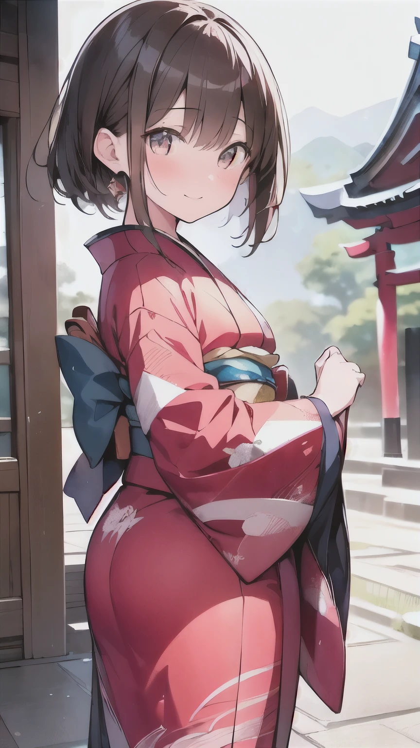 (((New Year's Temples and Shrines 、A girl visiting for the first time 、Girl wearing a crane pattern furuncle 、 very gorgeous brightly colored long-sleeved kimono:1.5、Girl walking in the precincts 、Teasing Smile)))、( brown hair short cut、 Beautiful Brown Hair 、hair over one eye、Diagonal bangs、Keep your head small、 Perfect Face、 Shiny Skin、 clear brown eyes 、 has small breasts、The butt is small)、(((Watercolor)))、 top quality、masterpiece、 ultra high definition、 8k、 show anime style 、 Softline Art 、Digital Enhancement、 shojo anime touch, shojo manga core, flowing fabric 、Soft Drawing、 ultra-fine digital animation art 、 Clear facial depiction、 super detailed girl cartoon character art 、 Ultra-detailed manga style、 top qualityの色