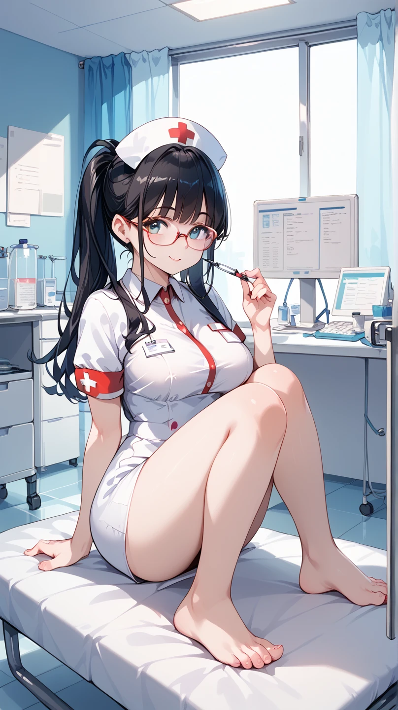 ((masterpiece)), ((Best Quality)), (Ultra-detailed), ((kawaii)), Cute, (lovely), ((Sexy)), (Ero), ((Extremely detailed)), 4K, (8K), Best Quality, (Beautiful), Illustration, Anime style, Painting, Riding in the dark, Dynamic Angle, full body, (from below looking up), Sit on an examination table (at a doctor's office), Open your legs, Gradation, full body focus, Dark examination rooms. suspicious atmosphere, sadistic streak Cute , 1girl, Solo, nurse costumes, nurse cap, Randomly selected hair color, Randomly selected beautiful colored eyes, ((Beautiful eyes)), White-skinned, Random hairstyle, Buttocks, Big breasts that are about to burst, glasses, Sadistic expression, excitement, (Smirk), evil grin, (blush), sparkling effect, Lens Flare, shiny-glistening, gleaming