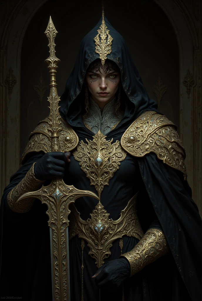 highly detailed digital painting of a dark-haired, beautiful girl with piercing yellow eyes, set against a dimly lit background. The character wears a black and gold ornate hooded cloak, revealing intricate tattoos on their neck and shoulder. She holds a large, elaborate sword with golden accents. The lighting is moody, casting dramatic shadows, and the camera angle is a close-up, emphasizing the character's intense gaze and the intricate details of their attire. 