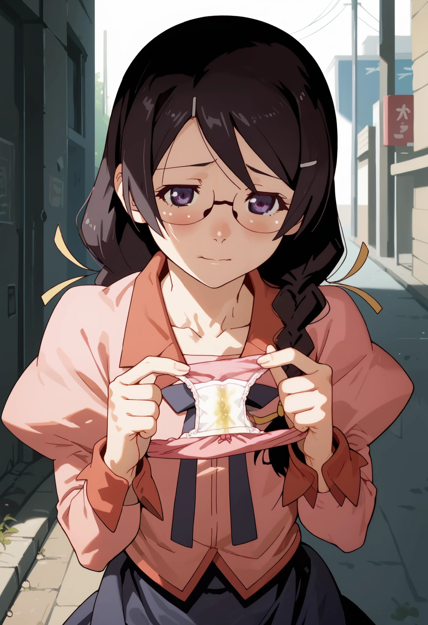 (score_9,score_8_up,score_7_up,),hanekawa tsubasa,glasses,puffy sleeves,hair ornament,skirt,pink shirt,long hair,black hair,purple eyes,upper_body,braid,BREAK
holding panties, unworn panties,pee stain,