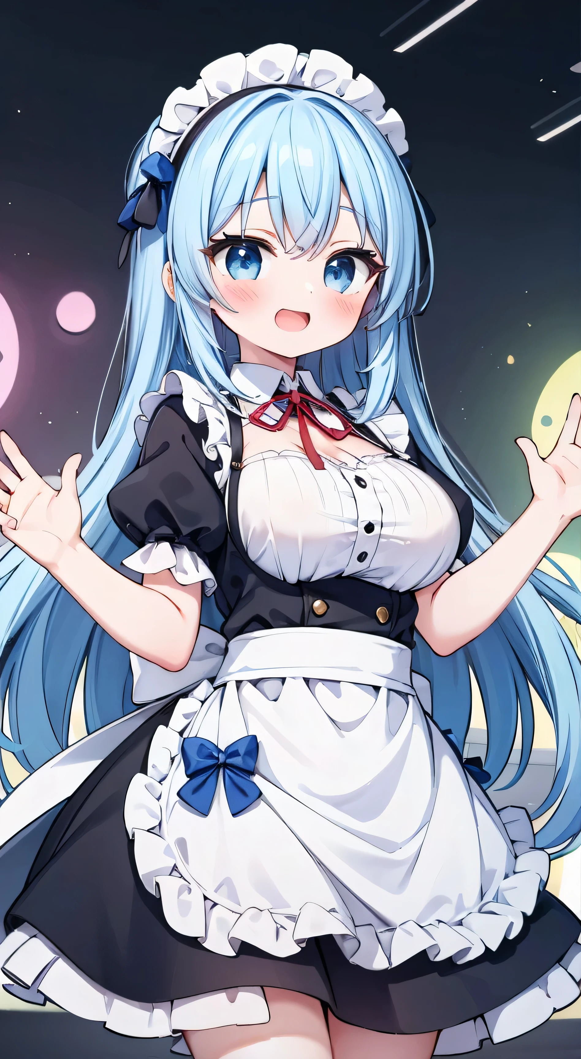  top quality, Masterpiece,  blue hair,  long hair,  blue eyes, hair bow,  headband ,  red ribbon  , ruffle dress,  black dress,  Puff Sleeve  , Maid, Black Ribbon,  neck ribbon ,  white shirt, button ギャップ, button, Expanding breasts, Big Breasts,  big breasts,  Suspenders,  white apron,  Waist Apron  ,  short stack  ,  happy  , smile,  Anne Nuit,with open mouth, incoming hug, score_9,score_8_  up, score_7_  up,  ashamed, shy, Embarrassed, バスト  up,  high five, Palm, Tenohira, Hand fetish,  cute, 