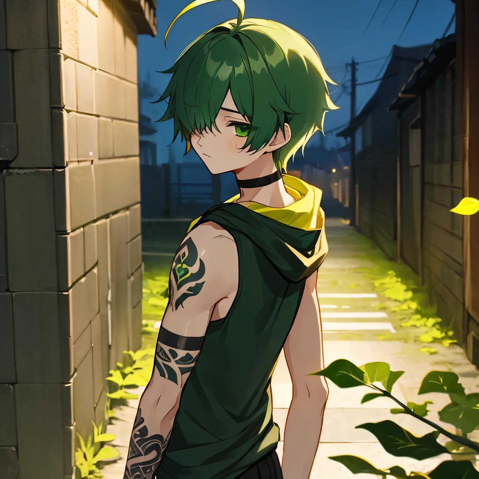 (boy), green ivy hair, green eyes, short cut, side part, ahoge, hair over one eye, thin eyebrows, young, expressionless, alone, short, Shota, solo, with a magic leaves green big tattoo, slim, tank top, hood, choker, dark fantasy, cult party kei, cyberpunk, outside, on the back alley, at night, wearing a hood