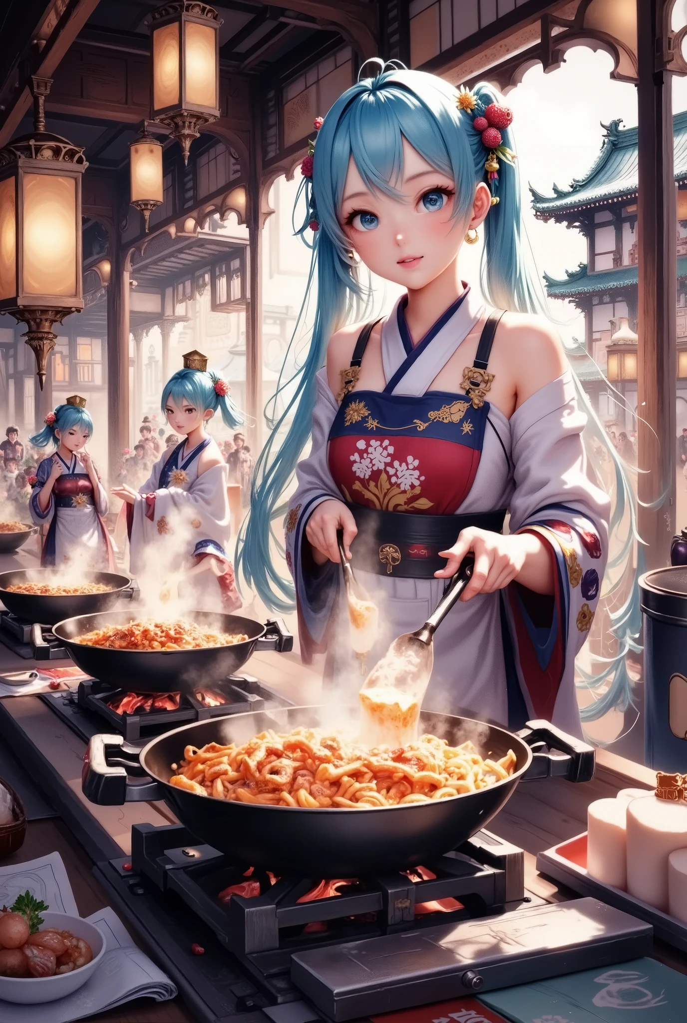 a cozy street food stall in Japan, traditional Japanese architecture, lanterns hanging overhead, bustling crowd of people, sizzling woks, delicious aromas of street food, warm lighting, vibrant colors, atmospheric and immersive, detailed and highly realistic, masterpiece, 8k, high quality, photorealistic