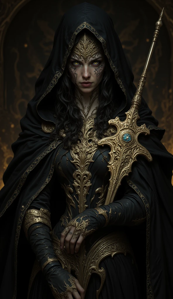 highly detailed digital painting of a dark-haired, beautiful girl with piercing yellow eyes, set against a dimly lit background. The character wears a black and gold ornate hooded cloak, revealing intricate tattoos on their neck and shoulder. She holds a large, elaborate sword with golden accents. The lighting is moody, casting dramatic shadows, and the camera angle is a close-up, emphasizing the character's intense gaze and the intricate details of their attire. 