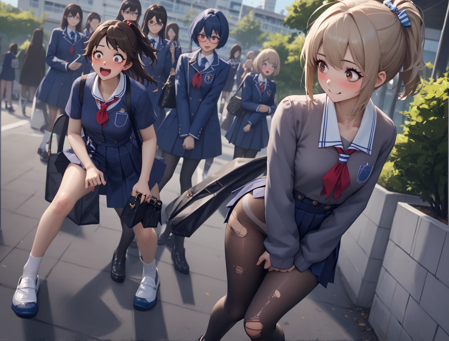 Dynamic pose, anime characters in a school way, ((left woman (blue school costume, mischievous smile, pranking your friend, holding friend skirt, ripping your friend pleated blue skirt))), ((right woman (wearing just school shirt and panties, blue school short coat, perfect state see through brown high waist pantyhose, light beige cute panties under pantyhose, shocked face, blushed face, pleated skirt out of your body, brown eyes, leather purse on bac))), ilya kuvshinov. 4 k, artgerm and atey ghailan, guweiz on pixiv artstation, guweiz on artstation pixiv, anime style 4 k, anime girls, kantai collection style, guweiz and makoto shinkai, school way background, men and women in background.