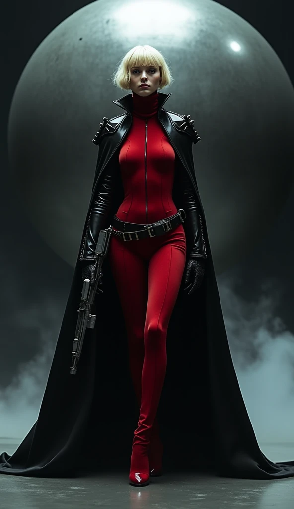 Sexy woman, laraja hair, muscular body, leather suit, especially jens, holding guns, jeans.