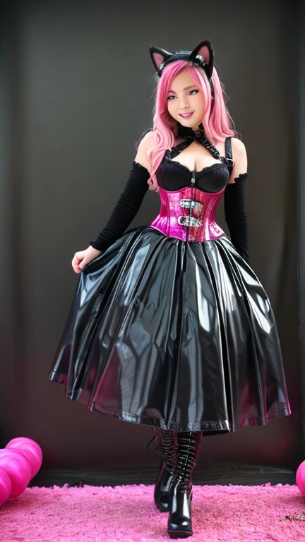 Asian  solo with pink hair, straight hair, slim model, pink and black latex corset, pink and black tutu skirt, latex arm warmers, knee high latex boots, cat ears, bouncy castle
