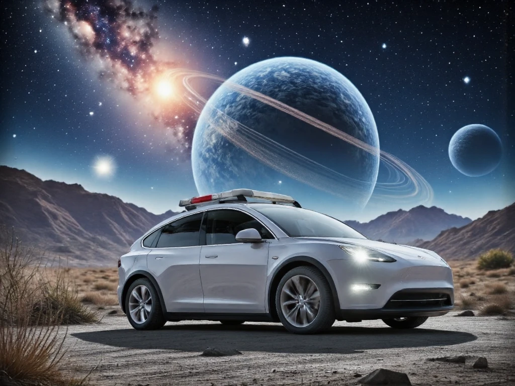 A breathtaking depiction of a "original Tesla Model Y built in 2023 in white", which travels over the shimmering , icy rings of Saturn . The Tesla is in focus , with dynamic details such as reflective lighting effects on the body and a touch of cosmic Dust , which is stirred up by movement . In the background stretches the majestic Saturn , illuminated by a distant , intense sunlight , that plunges the scene into an epic glow . The infinite space with sparkling stars creates a captivating , futuristic atmosphere. ultra wide angle, You can see several planets , The image is rendered in ultra-high resolution with 400 DPI and in the sRGB color space for maximum detail and color intensity