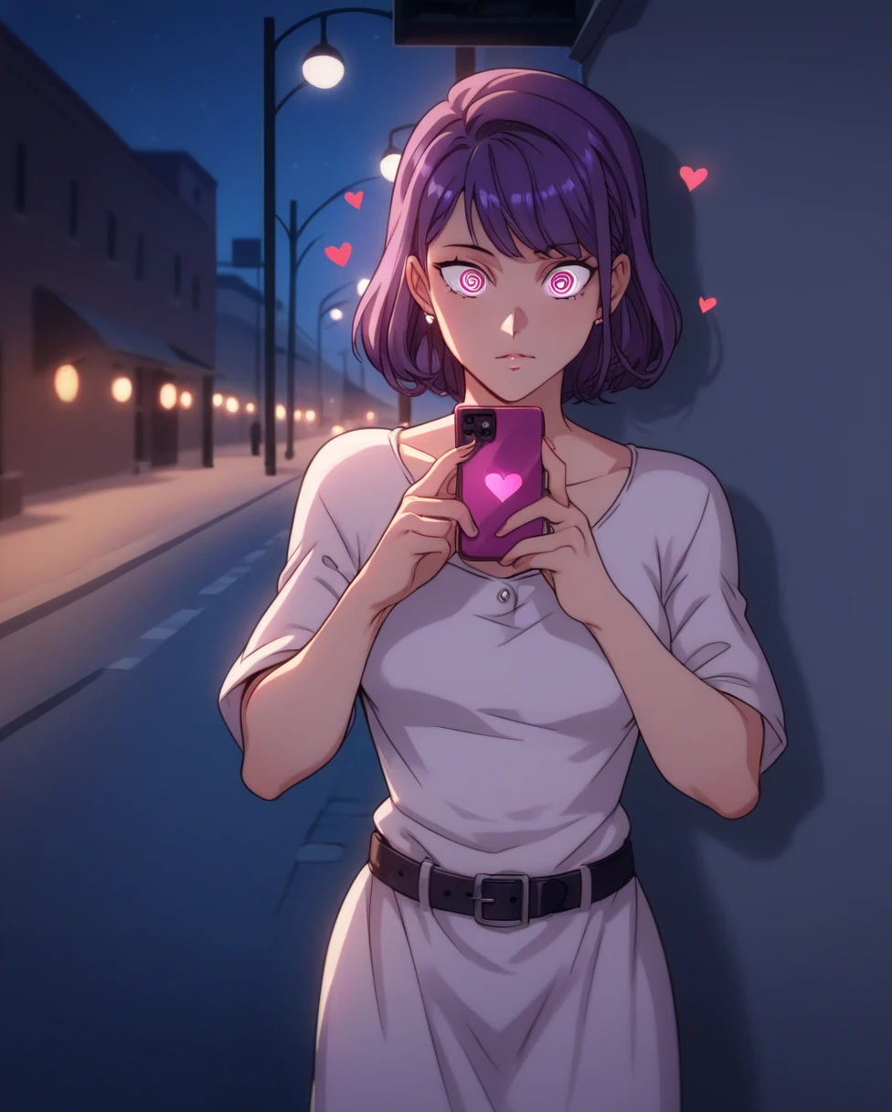 score_9, score_8_ up, score_7_ up,  source_ anime line break 1girl, throw, Miyajima Tubaki , hypnotism,  is standing, Night Street, heart-shaped p upils,  swift bangs,  dress, belt,  brainwashed, ,  looking , gap, Telephone, heart, Eye symbol,  purple hair, rating_i doubt it