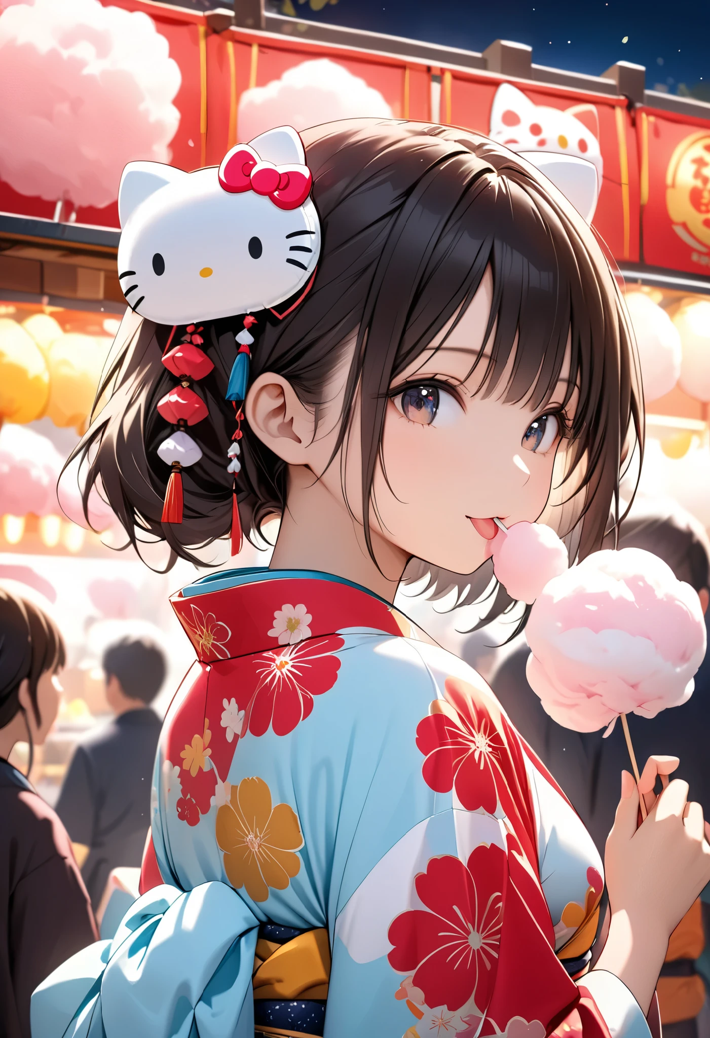 portrait, (Masterpiece, top quality, ultra high definition), back side shot, solo Japanese woman, sexy girl,A stall selling cotton candy, Colorful cotton candy, Food stall village, Bustling, A girl eating cotton candy, Wearing a traditional Japanese kimono, Food stall at night, Wearing a Hello Kitty mask on her head