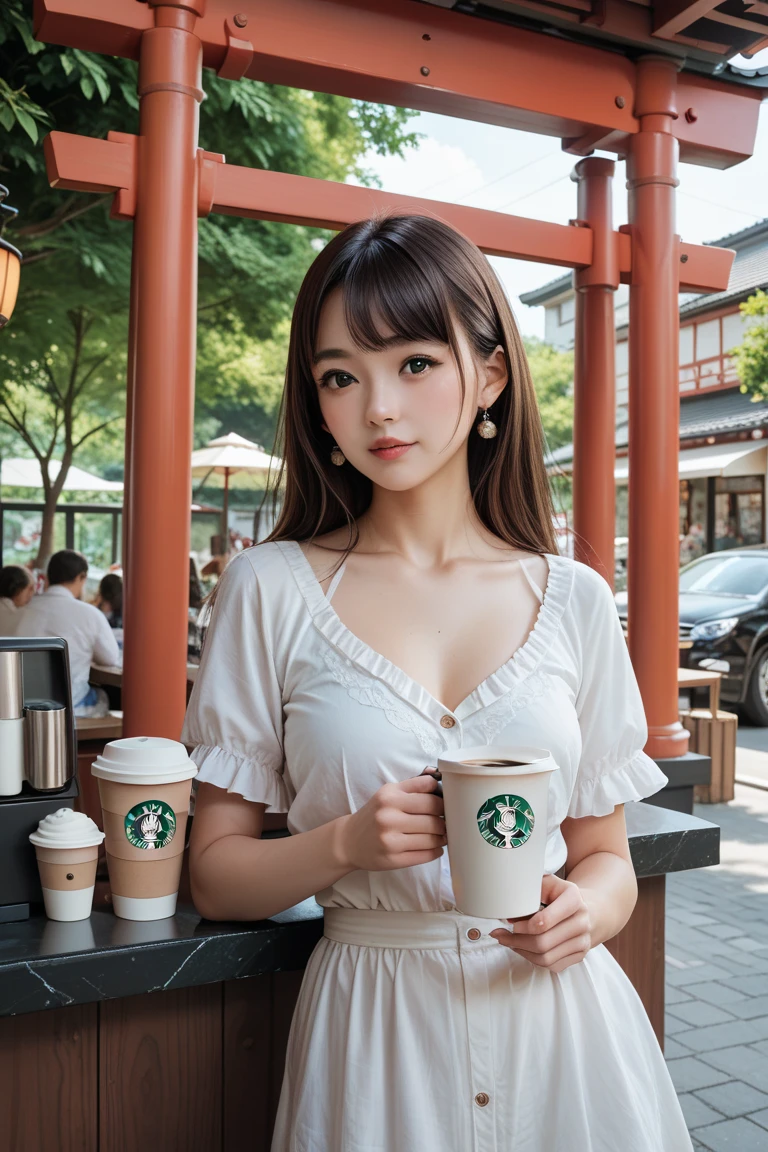 Korean beauty,Looks sweet,masterpiece , high resolution, super detailed, detailed lips, white healthy skin, (french twist haistyle), only wearing dark green starbucks apron, off-shoulders, show cleavage, (show slim thigh, slim body), med breast, full body photo, sitting pose. Side view. In coffee shop.