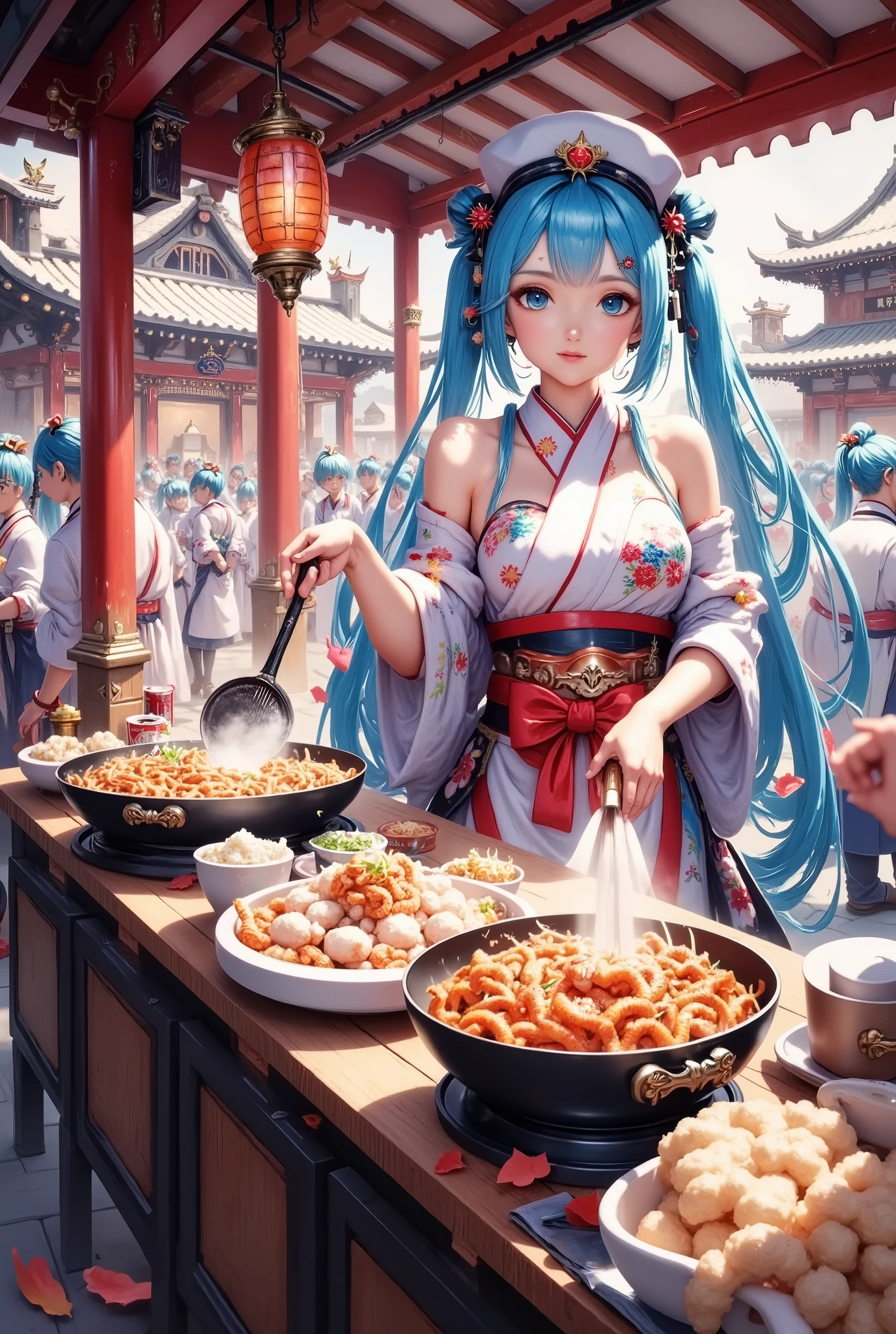 a cozy street food stall in Japan, traditional Japanese architecture, lanterns hanging overhead, bustling crowd of people, sizzling woks, delicious aromas of street food, warm lighting, vibrant colors, atmospheric and immersive, detailed and highly realistic, masterpiece, 8k, high quality, photorealistic