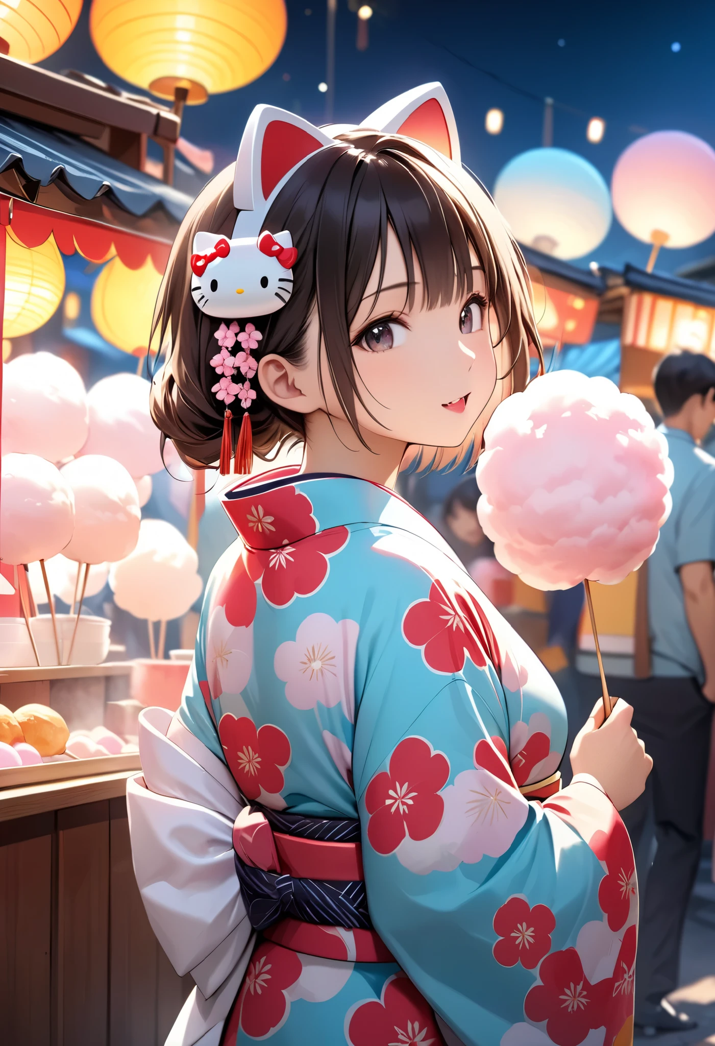 portrait, (Masterpiece, top quality, ultra high definition), back side shot, solo Japanese woman, sexy girl,A stall selling cotton candy, Colorful cotton candy, Food stall village, Bustling, A girl eating cotton candy, Wearing a traditional Japanese kimono, Food stall at night, Wearing a Hello Kitty mask on her head