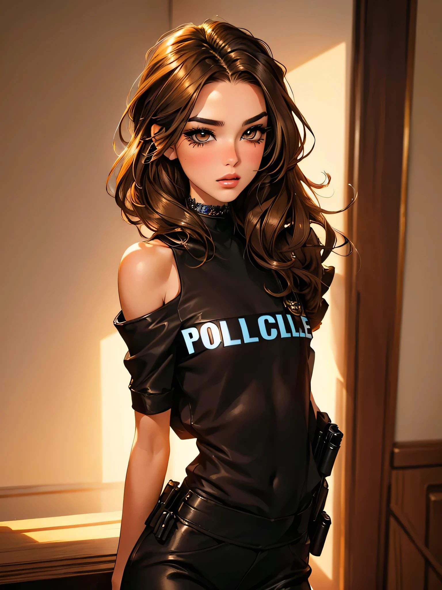  girl-model 1, (only 1 girl),  beautiful, golden brown hair, (shoulder length hair), , glossy hair, pretty eyes, beautiful figure, beautiful long legs, , top quality, highest quality, pin-up style, (((police uniform,))), , dark makeup,  small brests, skinny, slender body, ((mascara, eyeliner, nose blush))),, ninjartist style
