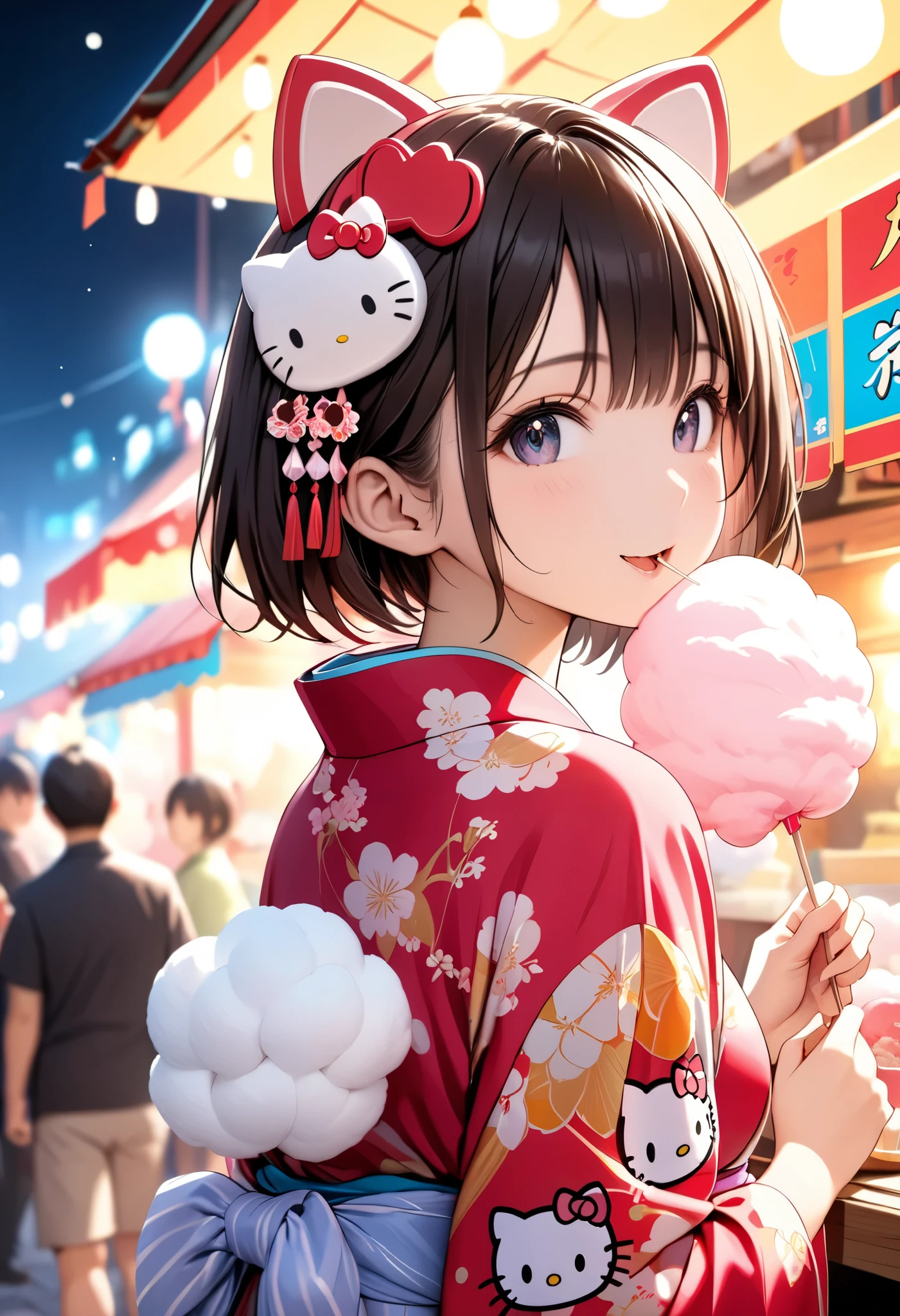 portrait, (Masterpiece, top quality, ultra high definition), back side shot, solo Japanese woman, sexy girl,A stall selling cotton candy, Colorful cotton candy, Food stall village, Bustling, A girl eating cotton candy, Wearing a traditional Japanese kimono, Food stall at night, Wearing a Hello Kitty mask on her head