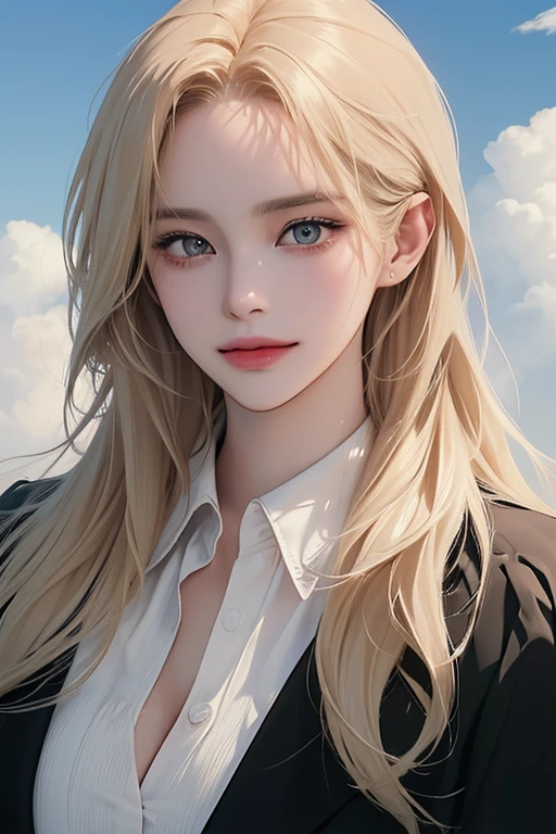 (best quality, ((masterpiece)), beautiful detailed Eyes, 8K resolution, cinematic lighting,detailed clothes,Semi-realistic),1 woman,((25-year-old)),(deep blonde hair),(long straight hair),smile,((ivory shirts, formal black jacket)), fresh, bright cloud, sky