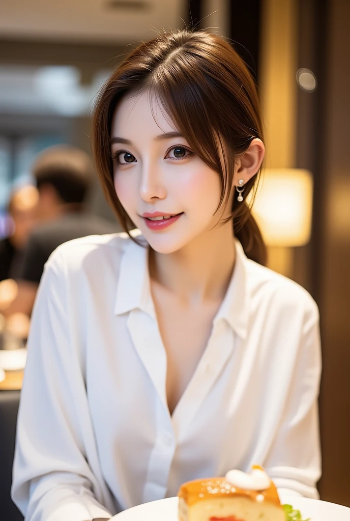 ((masterpiece)), ((Highest quality)), ((Complex)), ((Surreal)), (Realistic), (Mature Woman), ((No classes)), Very detailed, (1 female), Beautiful and exquisite, (Beautiful Teeth), Grin, Brunette Bob Hair, Brown eyes, ((blouse)), (Upper Body), (background:none), Perfect Eyes, Captivating eyes, Looking at the audience