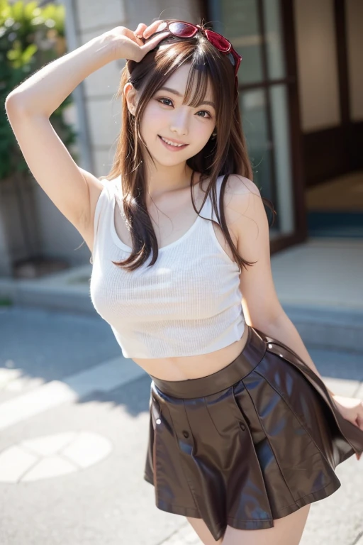 highest quality, masterpiece, ultra high resolution, (realistic:1.4), (portrait facing each other) RAW photo, 1 girl, 18-year-old,((miniskirt uniform)),((ponytail and hair tie)),((looking up at the viewer)),((tits)),realistic pictures,((Medium chest)),((toothy smile)),sitting on the floor in front of the viewer、