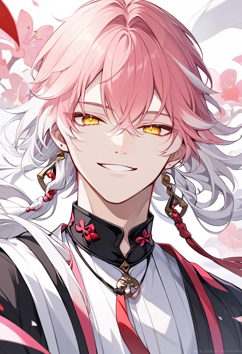 solo, handsome, 1 male, medium pink hair, white hair, yellow eyes, white shirt, black sleeves, Changli, smile facial
