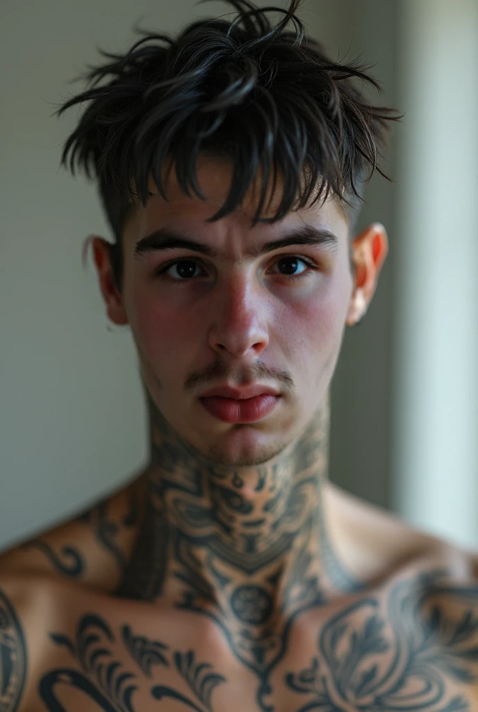 Young Handsome AI high quality realistic tattooed name “Ruy” on muscular neck white skin tanned piercing gaze pink mouth with music bedroom background
