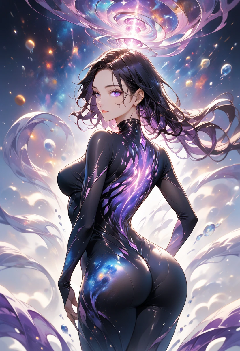 A cosmic Woman, long, flowing, dark hair that drifts in an unseen current, They possess glowing eyes that pulse with stellar energy and skin that ripples like a living galaxy, Stars and nebulae swirl beneath her surface, Translucent purple tentacles emerge from her back with fluid grace, Form-fitting black attire, Tall curvy frame that shifts and transforms
