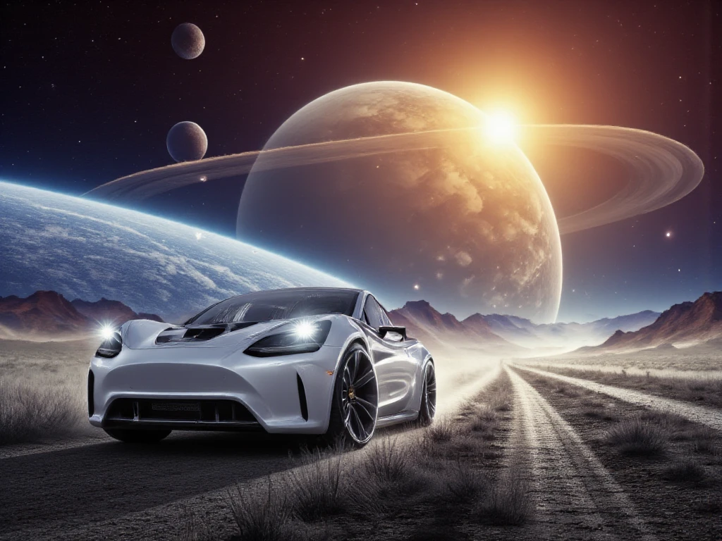  A breathtaking depiction of a "original Tesla Model Y built in 2023 in white",  which travels over the shimmering ,  icy rings of Saturn .  The Tesla is in focus ,  with dynamic details such as reflective lighting effects on the body and a touch of cosmic Dust ,  which is stirred up by movement .  In the background stretches the majestic Saturn ,  illuminated by a distant , intense sunlight ,  that plunges the scene into an epic glow .  The infinite space with sparkling stars creates a captivating ,  futuristic atmosphere. ultra wide angle, You can see several planets ,  The image is rendered in ultra-high resolution with 400 DPI and in the sRGB color space for maximum detail and color intensity