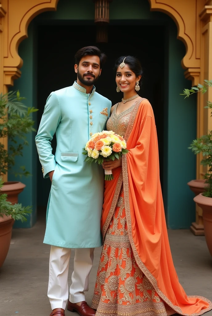 Beautiful indian couple make the woman pregnant, wearing indian dress