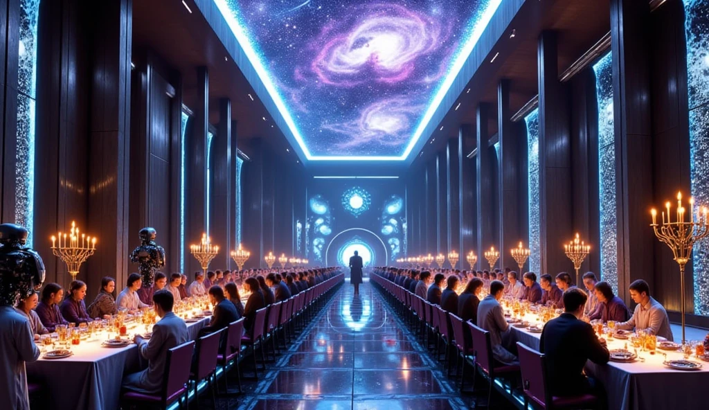 " A huge futuristic room ,  with very high ceilings, like a cathedral ,  with long floating tables full of students dressed in futuristic robes ,  dining and lively conversation .  The glass floor emits a faint bluish light from below ,  while the holographic ceiling shows a view majestic universe :  nebulas in shades of purple and gold ,  twinkling stars and galaxies in motion .  Futuristic candlesticks project holograms of floating candles ,  emitting a warm and magical light that illuminates the entire space . At the ends of the room ,  cyborg teachers with mechanical parts ,  luminous eyes and robotic arms oversee dinner with an imposing air ,  while small drones float between the tables ,  serving futuristic dishes and drinks that shine slightly .  The environment combines advanced technology with a magical and otherworldly atmosphere.  Well lit image, not at night.