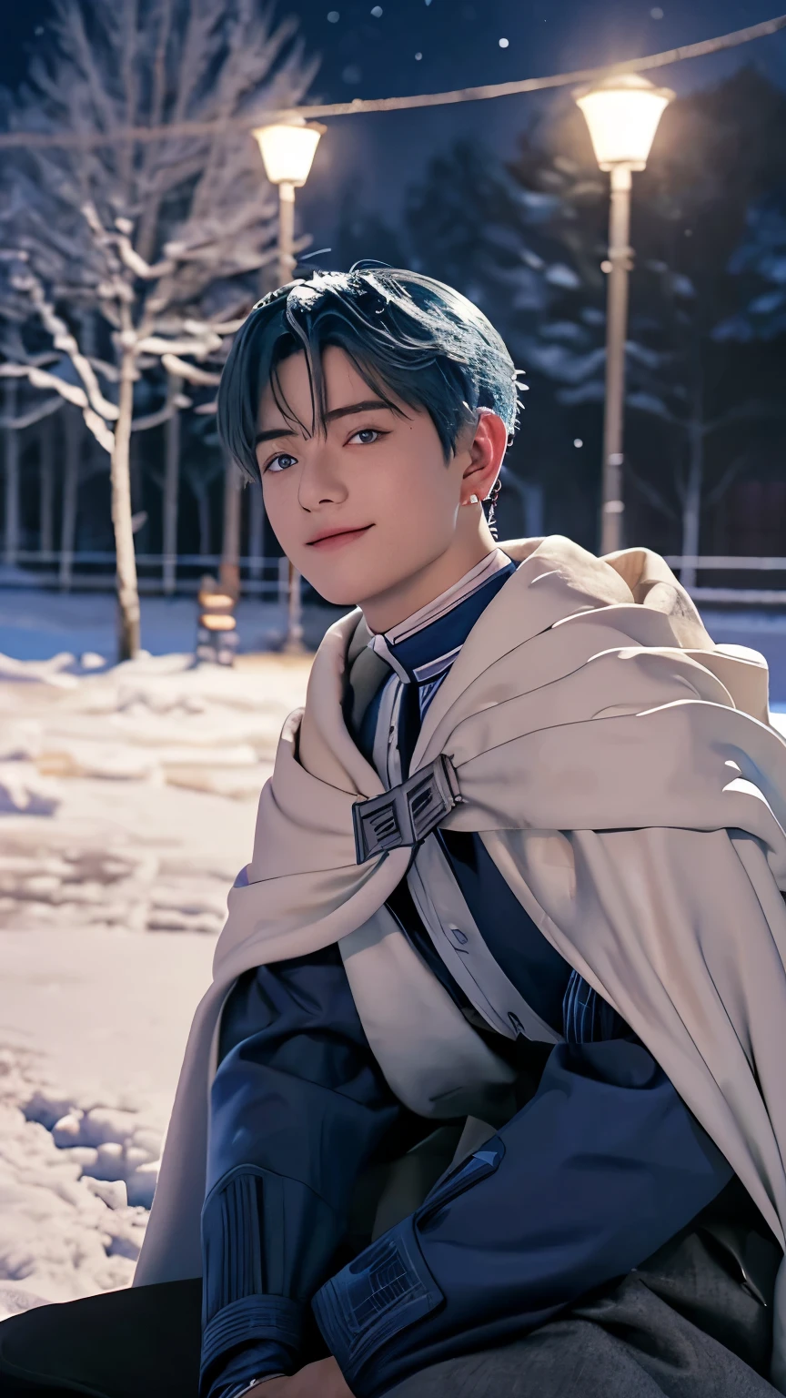 Landscape of a very handsome man, 25 year old man, melancholy realistic, (cowboy shot), (high angle shot), (((front focus))), (((background Blurry))), Bokeh, lens flare, photography with Fujifilm XT3, depth of field, film grain, female focus, BREAK, Himmel/(sousou no frieren/), anime style, (((sitting on a chair beside village road in a snowy season_street light)))!!!, ((The beauty and brilliance of frost-covered trees, The tranquility and beauty of a world of ice and snow))!!, (((looks at the audience with beautiful light blue eyes))), Ultra detailed eyes, (Beautiful light blue eye's like sapphire :1.4)!!, ((homochromatic eyes))!!!, close mouth, ((wry smile))!!, long sleevemouth, (((thin fresh peach lips)))!!!, (Blush)!!, Perfect nose, Cute little nose, Earrings, beatiful face, Face Clean, realistic Skin, hyper realistic, Perfect eyebrow appear through blue hair, blue hair between eyes, blue hair bangs, (ultra shine blue hair)!!, (neat low cut hairstyle)!!, ((dynamic composition)), BREAK, detached sleeves, /(((wear original costume of Himmel/)))!!!, (((blue cloak with white accent_long sleeve blue cloak_ivory cape outside)))!!!, black trousers, black boots, flat chest, (((close thigh with black trousers_shirt over trousers)))!!!, (((shirt over trousers)))!!!, vivid color clothes, detailed realistic clothes, BREAK, Best Quality, Masterpiece, Ultra-detailed, Beautiful, hight resolution, Original, CG 8K, perfect photo, dramatic lighting, Beautiful lighting, (Realistic fantasy art), Realistic, Full HD, Best Quality, award winning, (8k wallpaper of extremely detailed CG unit), High Details, sharp-focus, The art of dramatic and photorealistic painting, ((In snowy roadside)), dynamic composition, breathtaking rendering, strong color, deep shadow