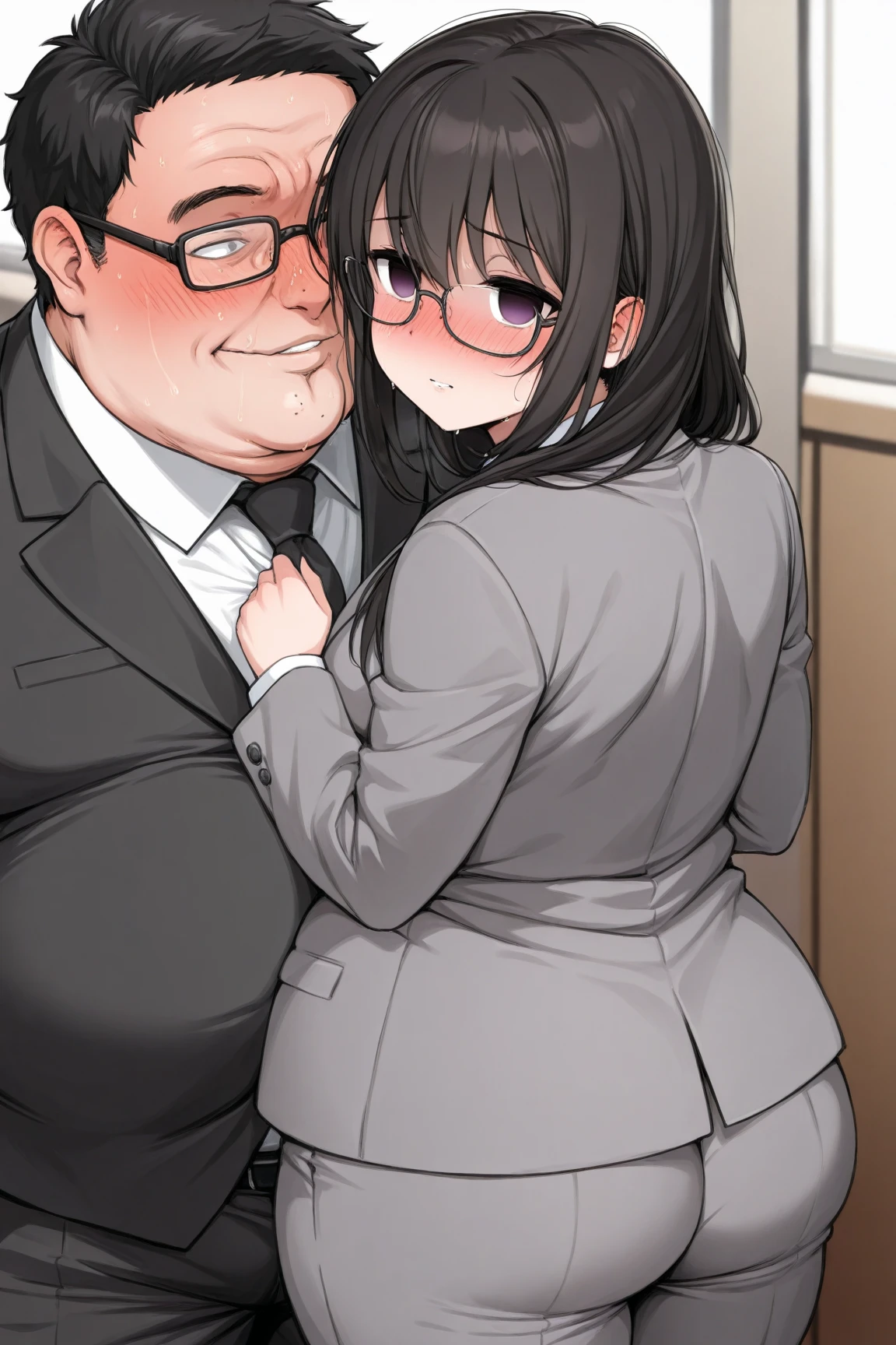 High School Girl Molested By Her obese fat man (japanese,suit, glasses,empty eyes, nose blush ,cleft chin,middle-aged,Chubby face,back )