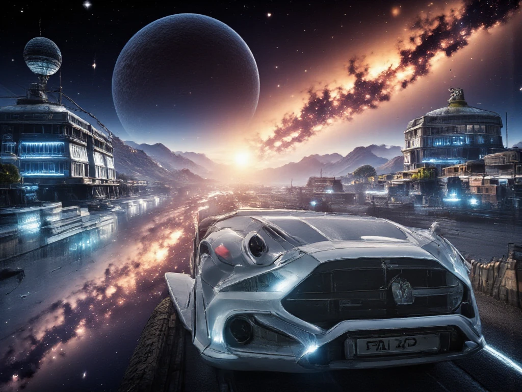  A breathtaking depiction of a "original Tesla Model Y built in 2023 in white",  which travels over the shimmering ,  icy rings of Saturn .  The Tesla is in focus ,  with dynamic details such as reflective lighting effects on the body and a touch of cosmic Dust ,  which is stirred up by movement .  In the background stretches the majestic Saturn ,  illuminated by a distant , intense sunlight ,  that plunges the scene into an epic glow .  The infinite space with sparkling stars creates a captivating ,  mytical atmosphere. ultra wide angle, You can see several planets ,  The image is rendered in ultra-high resolution with 400 DPI and in the sRGB color space for maximum detail and color intensity