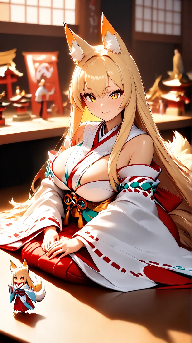 (  Masterpiece ,   top quality:1.2), ((( 1 anime girl))) , (((Alone))),   expressive eyes , Fox&#39;s Tail, ((( blonde long hair ))). ((( straight hair))), milf, mature woman, (smile), ((( golden eyes))), (((Standard shrine maiden costume))), ((( fox ears))), Big Breasts, 嬉しそうなsmile, face shot, (手を振ってsmileで話す),  looking at camera, goofy look, (((Torii of the small shrine ))),  Volume Light ,  subsurface scattering,  Cinematic Light ,  chiaroscuro,  jyojifuku, miko,red hakama, HUGE STUDY ROOM , ((( A miniature of a shrine on a huge desk))), ((( a very small hand-riding goddess on a huge desk))), Bird&#39;s-eye view, (((Tiny 5 cm tall woman ))), SD girl 