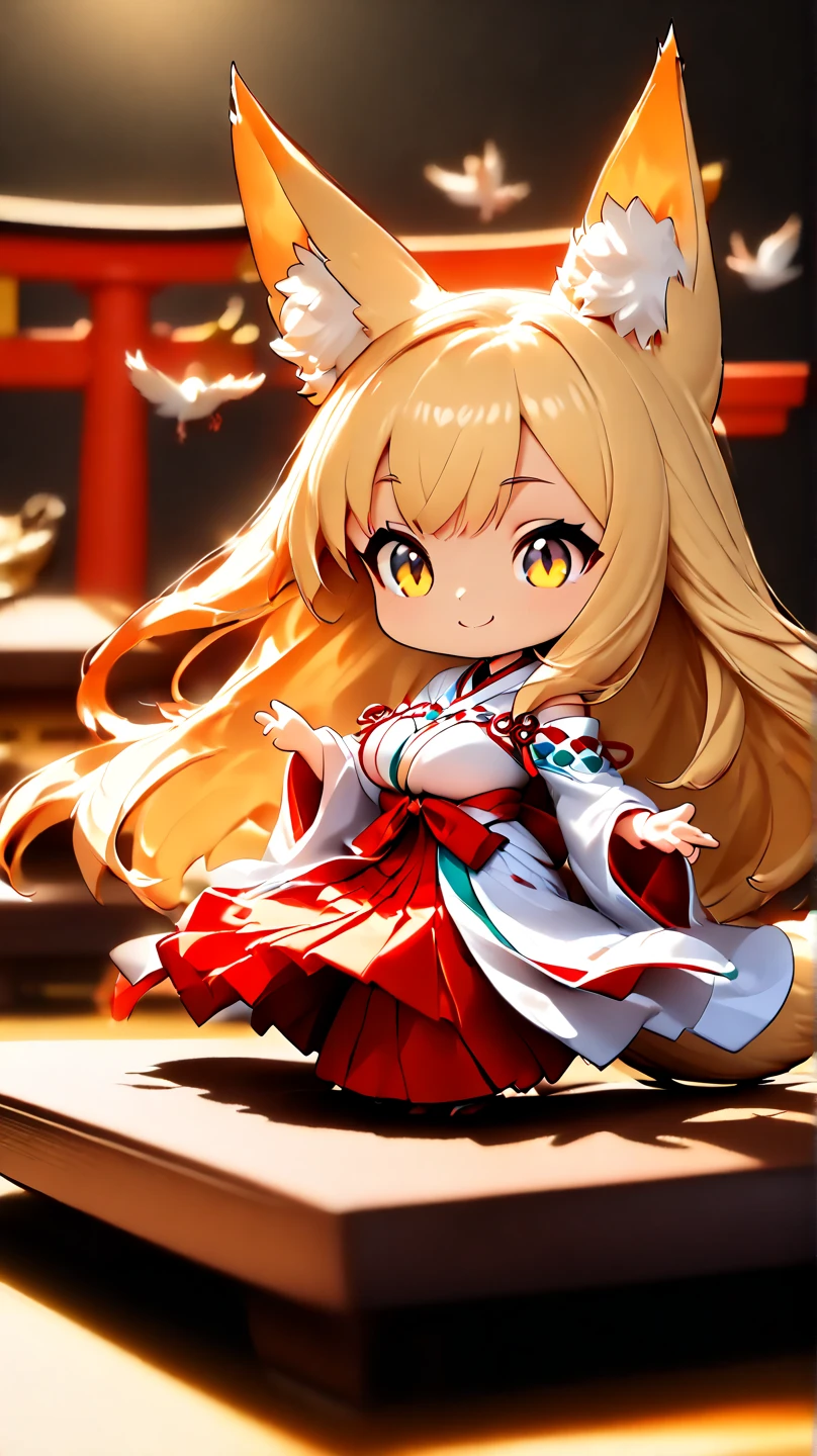 (  Masterpiece ,   top quality:1.2), ((( 1 anime girl))) , (((Alone))),   expressive eyes , Fox&#39;s Tail, ((( blonde long hair ))). ((( straight hair))), milf, mature woman, (smile), ((( golden eyes))), (((Standard shrine maiden costume))), ((( fox ears))), Big Breasts, 嬉しそうなsmile, face shot, (手を振ってsmileで話す),  looking at camera, goofy look, (((Torii of the small shrine ))),  Volume Light ,  subsurface scattering,  Cinematic Light ,  chiaroscuro,  jyojifuku, miko,red hakama, HUGE STUDY ROOM , ((( A miniature of a shrine on a huge desk))), ((( a very small hand-riding goddess on a huge desk))), Bird&#39;s-eye view, (((Tiny 5 cm tall woman ))), SD girl 