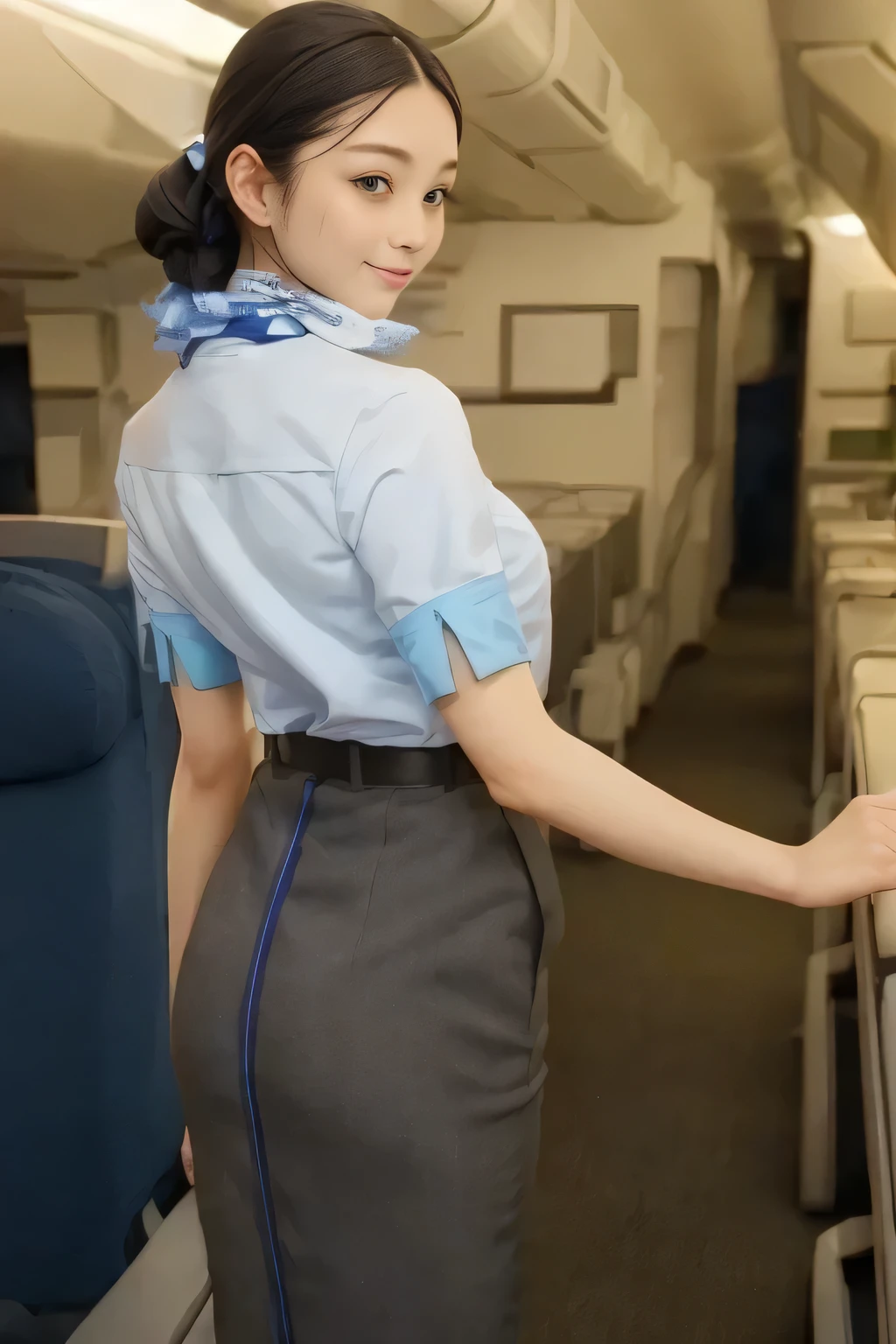 (masterpiece:1.2, top quality:1.2), 32kHDR, high definition 。 perfect for loosely aligning legs , (alone、 1 girl)、( Rooftop of a building during the day 、 Professional writing )、 against the roof of a building 、(ANA cabincrew uniform blue wear 、 real style )、(( ANA cabincrew uniform blue short sleeve blouse 、 ANA cabincrew uniform blueの後ろに青いラインが入ってるスカート、 Put a scarf around your neck ))、 dark brown hair 、( Super Long Hair Wrap Hair、Braid Wrap Up Hair )、 long hit 、Big Breasts、Thin legs、(( Amazing hands :2.0)),(( physique in harmony with the roof of a building :1.5)),(( generally limbs:2.0)),((generally :2.0)),(( Delicate Eyes:2.0)),((generally eyes :2.0)))、 smile 、( ANA cabincrew uniform blue figure showing beautiful back )、 Place your right hand on the seat