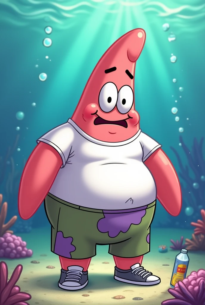 this is a caroon charcter named patrick star from sponge bob animation series. while keeping its overall juxtaposition, repaint it to be more realistic. specifically, the facial hair must be realistic