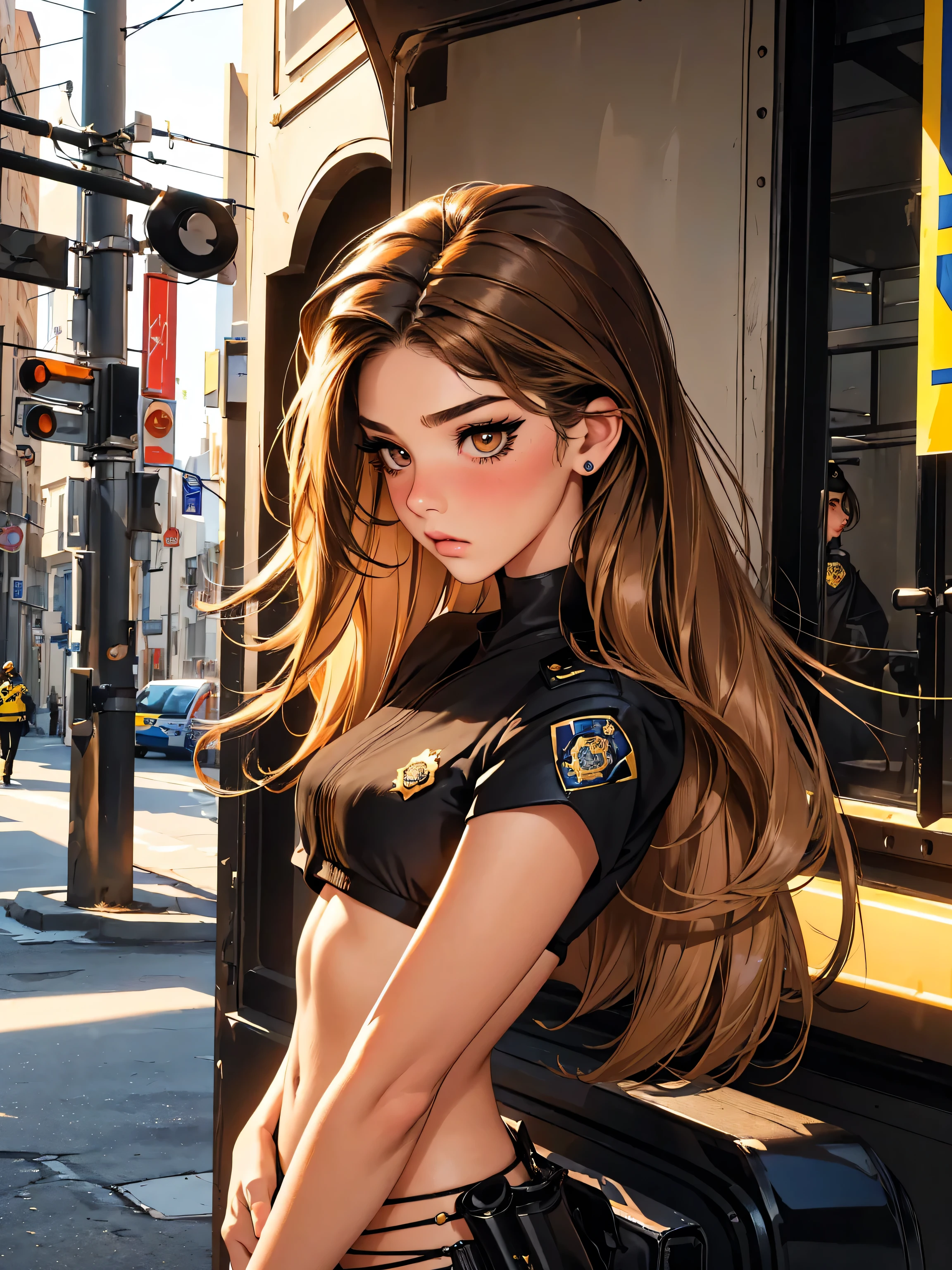 girl-model 1, (only 1 girl), beautiful, golden brown hair, (shoulder length hair), , glossy hair, pretty eyes, beautiful figure, beautiful long legs, , top quality, highest quality, pin-up style, (((police uniform,))), , dark makeup, small brests, skinny, slender body, ((mascara, eyeliner, nose blush))),, ninjartist style