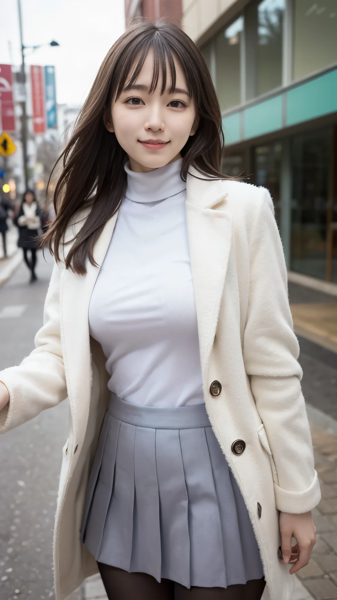 top quality,masterpiece, ultra high definition, high definition RAW color pictures , Pro Pictures, Natural Skin Texture, fine skin, hyperrealism, smiles, semi-long hair,(white turtleneck,gray pleated miniskirt,Black pantyhose),Winter in the city, Long Coat