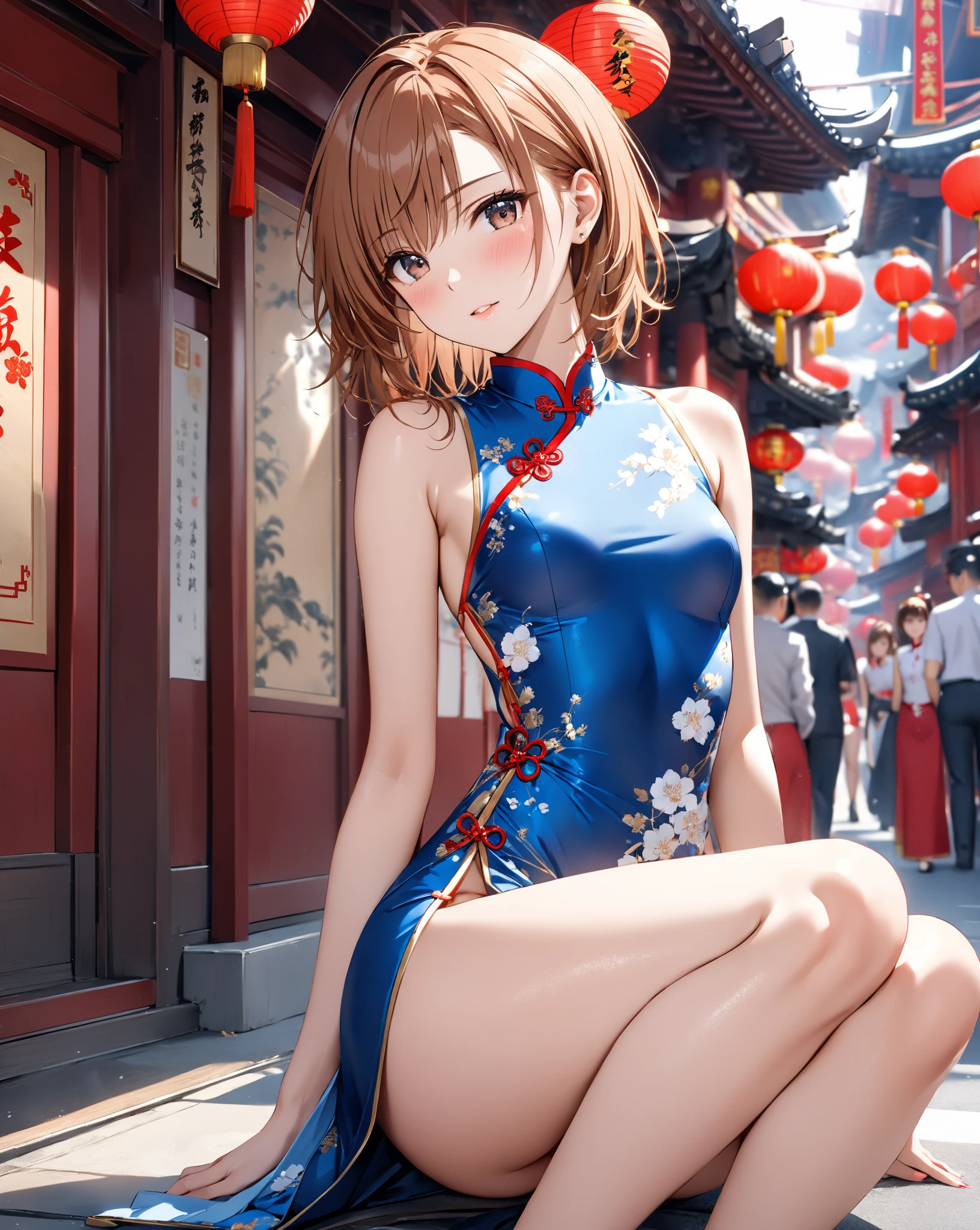 1girl, solo, breasts, short hair, bangs, blue eyes, simple background, cheongsam, hair between eyes, bare shoulders, medium breasts, standing, cowboy shot, small breasts, parted lips, sleeveless, shiny, hair bun, orange hair, shiny hair, gradient, bare arms, gradient background, covered navel, sleeveless cheongsam, blue background, chinese clothes, red cheongsam, china cheongsam, side slit, bun cover, kagura \(gintama\
