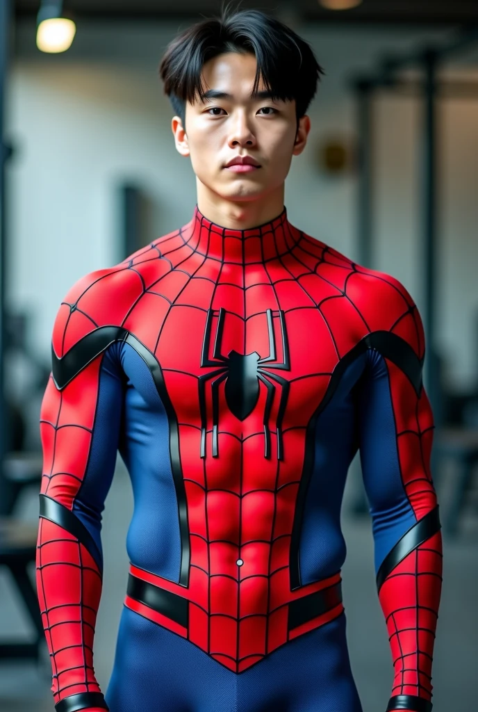 A young Korean boy in a torn Spider-Man costume. with details, Red and black color scheme :: Highly detailed, แมงมุมที่มีHighly detailed, ดวงตาที่มีHighly detailed, นิ้วที่มีHighly detailed, Take the whole body, Quiv haircut, dynamic poses, Look at the camera, Detailed parts of the face, Manly, nighttime, city scenery, city lights, Detailed city roof background, Monk sex, perfect anatomy, Symmetrical body, Asia, 19 years old, realistic, human skin, short hairstyle, handsome chad chin, handsome, sit, open legs, charming, Be a man, sexually, close your eyes, open your mouth, human skin, (Make eye contact), charming, Big hip pants, very good, depth of field, perfect composition, in the middle