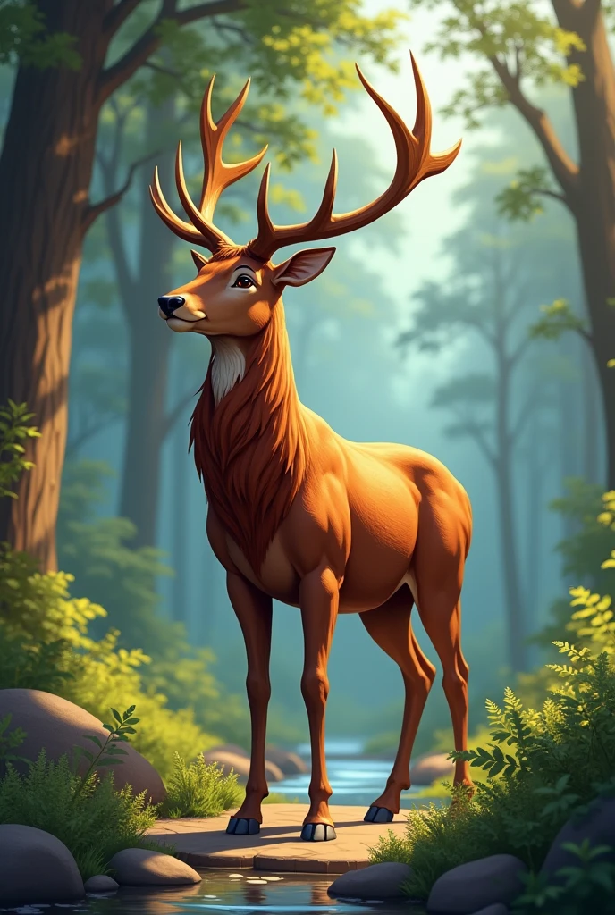 Large animal, with a mane, with branched horns, with powerful paws, thin tail with a fluffy tip, deer-like physique, beautiful and noble
