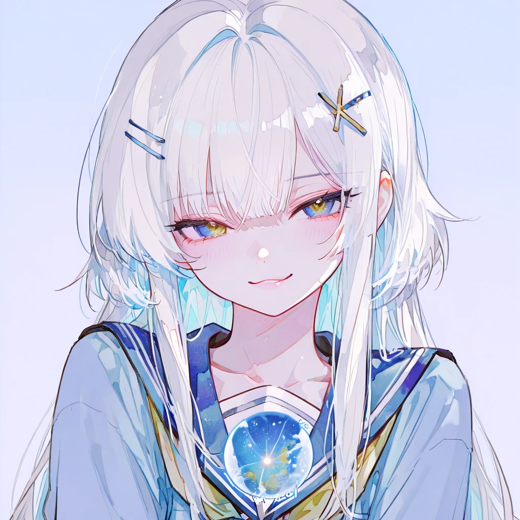  high resolution, masterpiece, accurate,  anatomically accurate,  consecutive honors,  Top Quality , Detail, 높은  quality,  quality,  very detailed,  ultra high definition , shot,  bangs , White hair, Internal dyeing(sky blue), light cheek touch ,  confident face,  seductive smile , Tsundere, Looking at viewers with unique eyes , yellow eyes , blue eyes, simple background, X hairpin, Illustration,  Animation ,  Animation  스타일,  artistic ,  soft color , ,pretty clothes ,시청자를 바라보기, not holding anything 