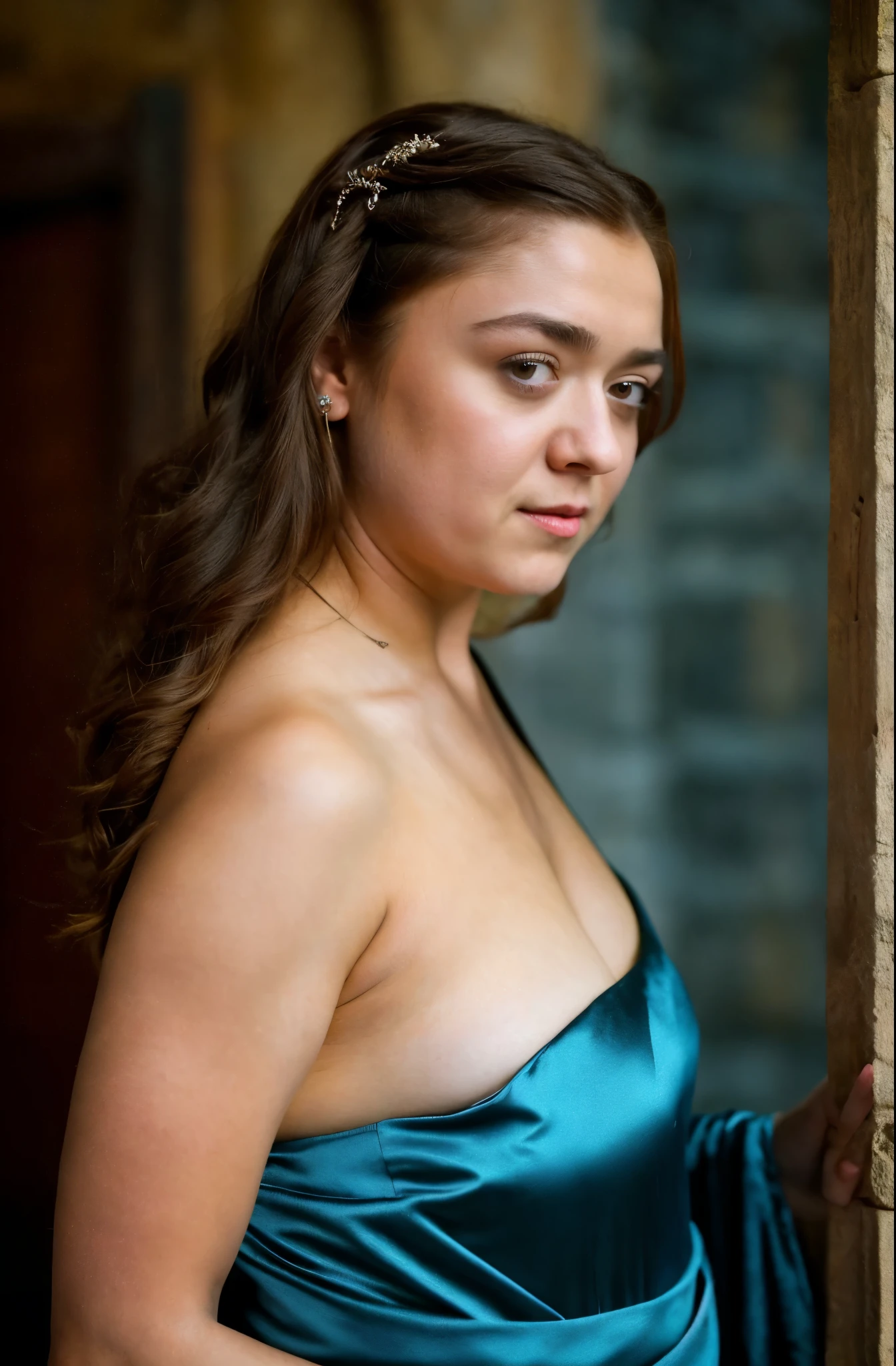 Foto RAW, Arya Stark, Stunning Beauty, Ravishing, Enchantress, Extremely gorgeous lady, Arya Stark PLAYED BY MAISIE WILLIAMS, Queen Arya Stark, she a mature woman now, milf, sexy mediaeval battle dress, gladiator woman, body, 40 years old Woman, Roman slave dress, cotton dress, busty mediaeval costumes, body revealing costumes, perky breast, big natural breast, erotic costumes, lusty physique, seductive figure can capture every people's attention, Game of thrones costumes, revealing captivating figure, Mediaeval costumes, revealing clothes, A tomboy, she would rather fence than dance, warrior queen , game of thrones screen caps, Game of Thrones Series, (pele altamente detalhada: 1.2), 8k UHD, DSLR, soft-lighting, alta qualidade, grain of film, Fujifilm XT3, flawless picture, highly detailed, detailed Beauty, intricate, 32k, sharp picture, showing her mole on the breast,