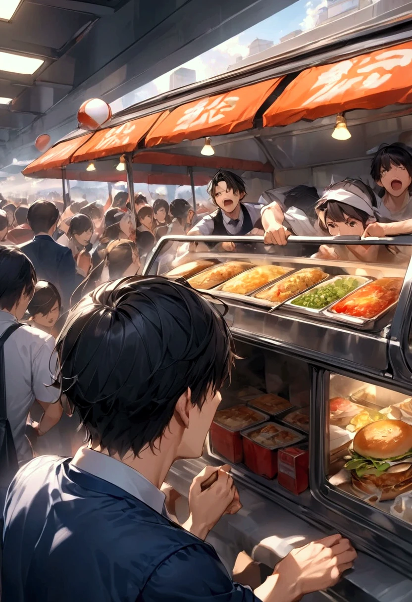 's greatest masterpiece , Very high definition , Fast Running Food Stall Car  , Young Man Driving "Asuka" , Hungry Crowd Chasing Stall Car Shouting(( motion blur that sticks to your mouth:1.8))