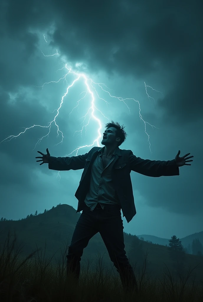 (High resolution photo quality) 4K definition, great brightness. 1 men, with arms raised towards the sky, on a cloudy night. He is struck by lightning that runs through both of his arms, illuminating his body., has a muscular body and wears a leather-colored overcoat, Neo do fime Matrix