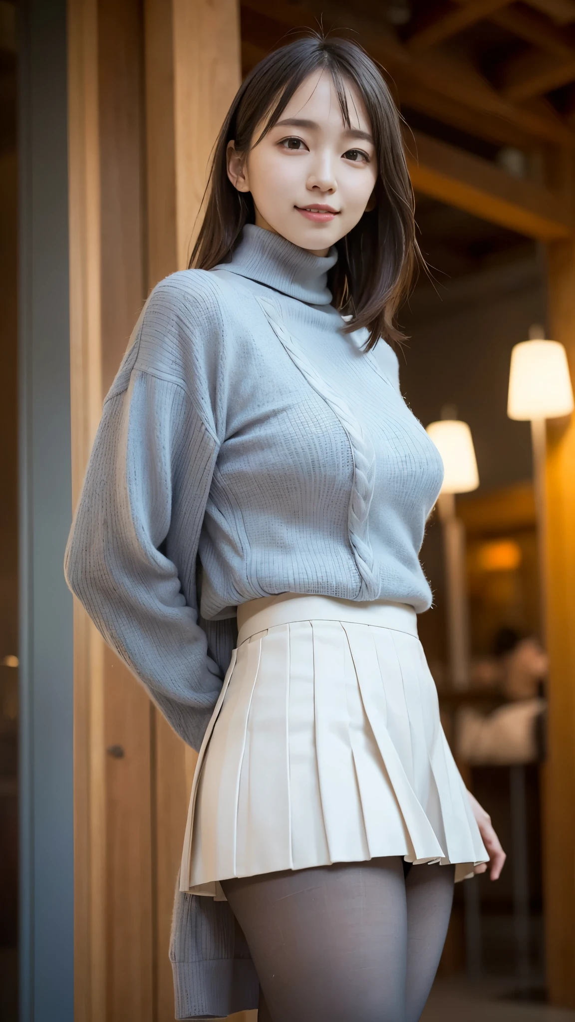 top quality,masterpiece, ultra high definition, high definition RAW color pictures , Pro Pictures, Natural Skin Texture, fine skin, hyperrealism, smiles, semi-long hair,(white turtleneck,gray pleated miniskirt,Black pantyhose),Winter in the city, Long Coat ,arms behind back,from below