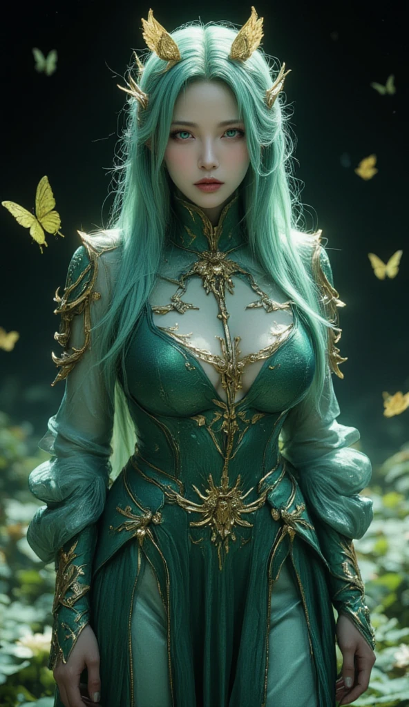 The image depicts a fantasy character with long, flowing teal hair adorned with butterfly accessories. She is wearing an intricate green dress that resembles a lotus flower, with gold and green butterfly motifs. The dress features long, sheer sleeves and a high collar. Her headpiece is also decorated with butterflies, and she has large, expressive blue eyes. The background is a serene, natural setting with floating butterflies, water lilies, and a dark, starry sky. The overall atmosphere is magical and ethereal.