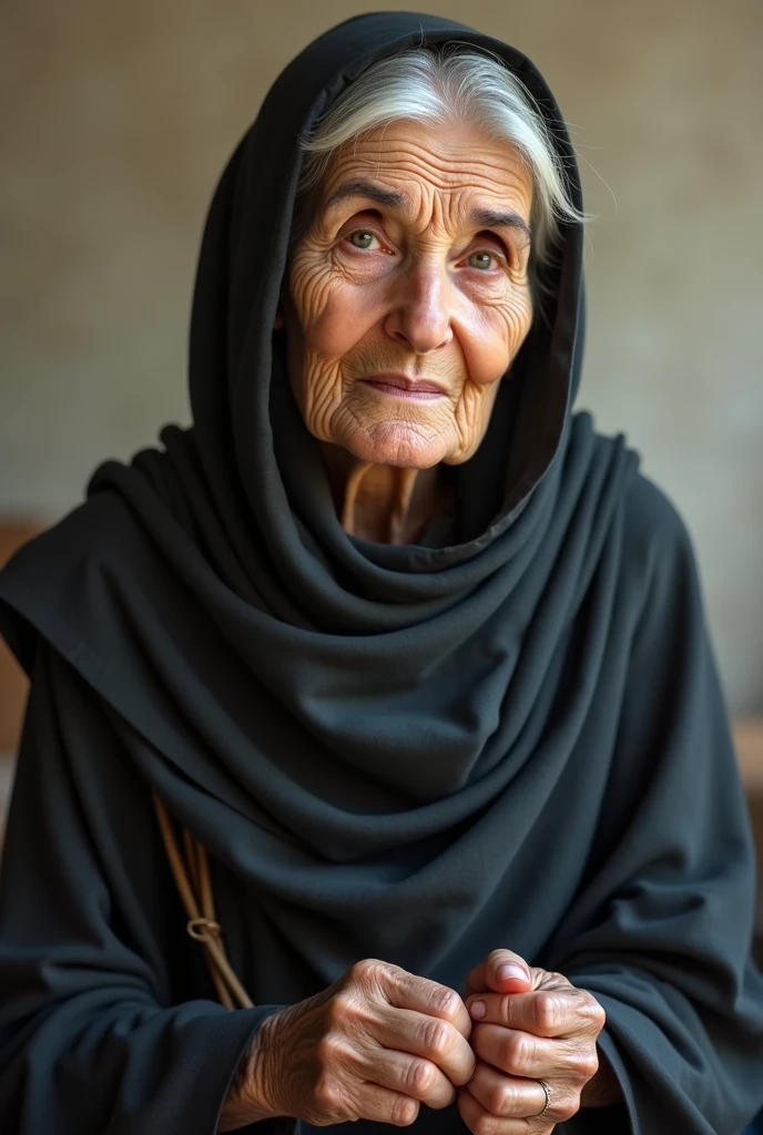 Bbw Arab veiled grandmother sitting on the floor and looking at the photographer