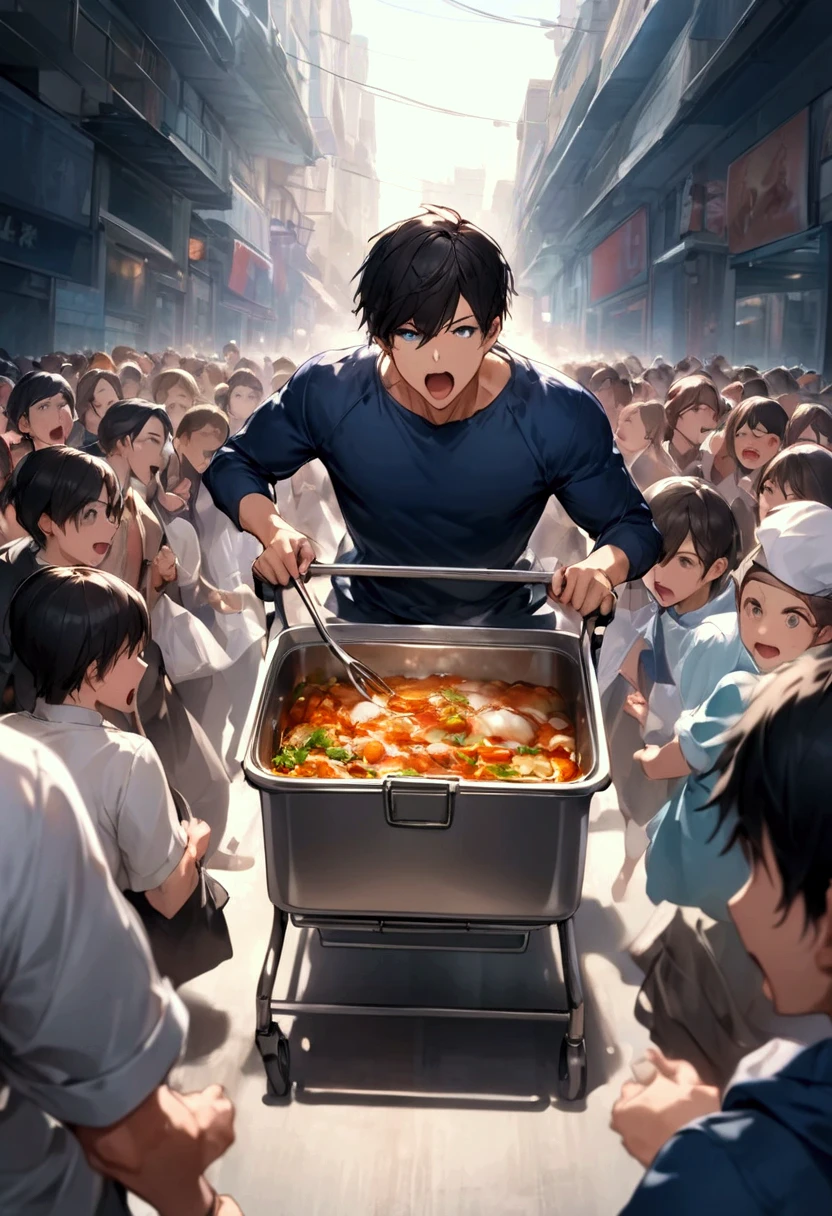 's greatest masterpiece , Very high definition , Fast Running Cooking Trolleys  , Young Man Driving "Asuka" , Hungry Crowds Chasing Cooking Trolleys by Screaming(( motion blur that sticks to your mouth:1.8))