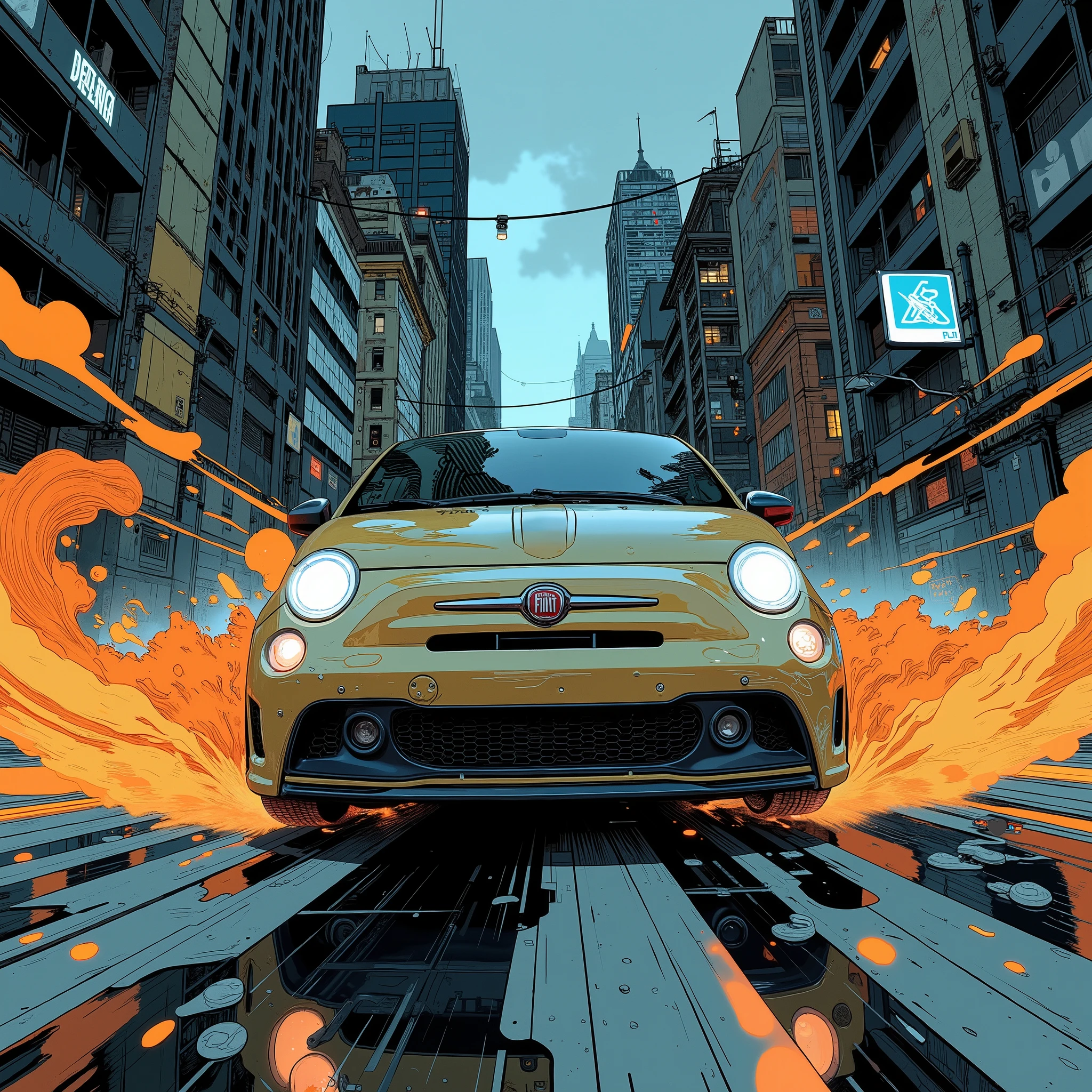Fiat 500 racing through office buildings, Intricate Fiat 500 Details ,  Dynamic Motion Blur ,  from behind ,  Brilliant Colors ,  dramatic lighting ,  photorealistic, 8k,  high definition , ( top quality,4K,8k,High Resolution, Masterpiece:1.2),  Super Fine, ( real, photorealistic, Photorealism :1.37),  concept art , Cinematic,  Dramatic Shadows ,  Moody Atmosphere 
