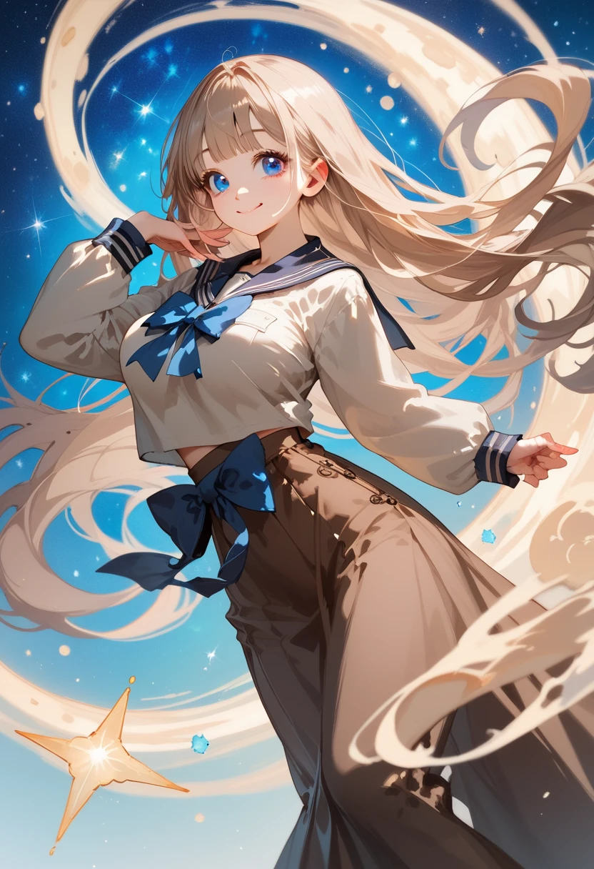 (best quality), (high detailed), (perfect body), (ideal face), one girl, Asian, tall girl, cute, smile, light brown hair, long hair, blue eyes, big eyes, large breasts, brown long sleeve sailor shirt, blue bow, brown long skirt, pose, galaxies background